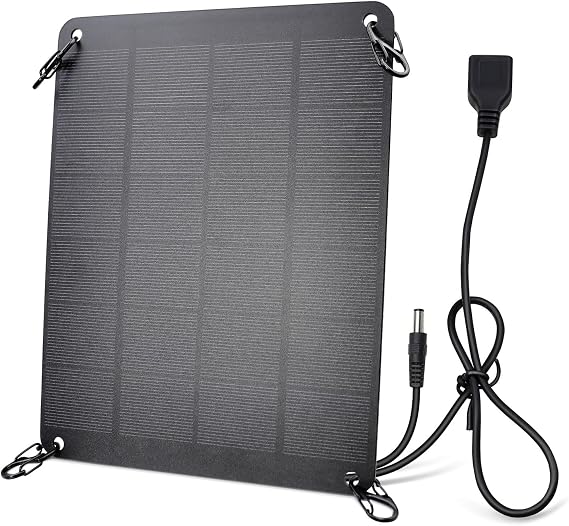 Solar Panel with Metal Hook, 5V 6W High Performance Monocrystalline Module with USB-A Female & DC Male Output, Waterproof Panel for Security Camera,Mobile Phone,Small Fan,Charging Bank,Outdoor