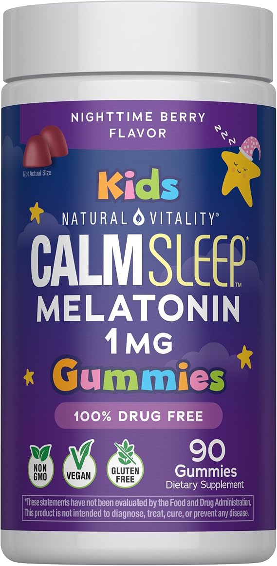 Natural Vitality Kids Calm Sleep Melatonin 1mg Gummies | Nighttime Cherry Flavor | 100% Drug Free | Non-GMO, Vegan & Gluten Free Supplement | 90 Count