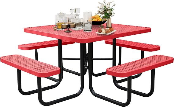 46Inch Square Picnic Table for 8 Person, Outdoor Heavy Duty Sturdy Picnic Tables with 4 Benches & Umbrella Hole, Commercial Metal Patio Picnic Table for Garden, BBQ, Coffee Store, Party, Porch (Red)