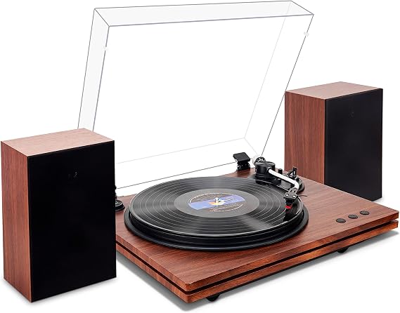 Bluetooth Turntable with Stereo Bookshelf Speakers, Record Player for Vinyl Belt Drive 2 Speed, Adjustable Counterweight Vintage LP Player Support RCA, Brown