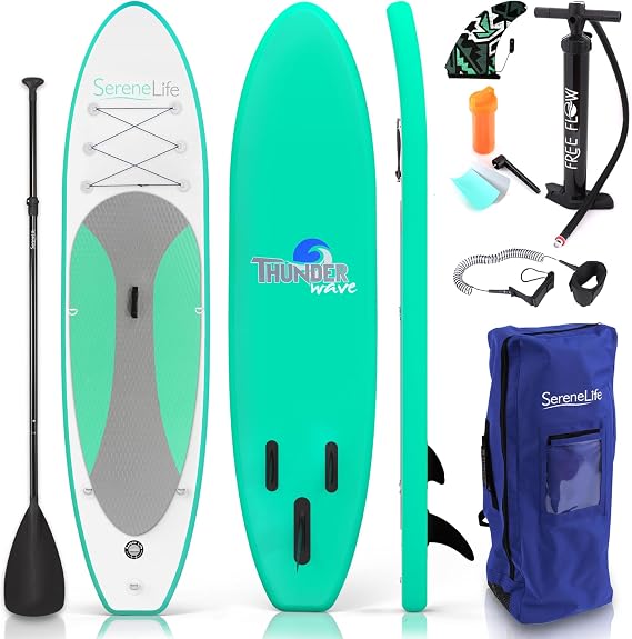 SereneLife Inflatable Stand Up Paddle Board with Premium SUP Accessories Wide Stable Design with Non-Slip EVA Deck Pad for Adults and Youth of All Skill Levels