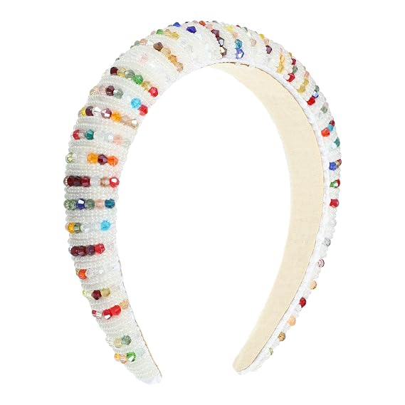 VOCOSTE Rhinestone Headbands - Crystal Embellished & Sparkle Hairbands, Handmade Pearl White, Thick Padded