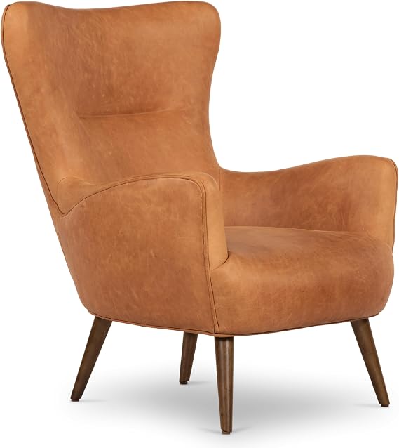 Poly & BARK Aida Leather Lounge Chair 40.5 Mid-Century Accent Chair for Living Room or Bedroom Full-Grain Italian Leather, Solid Wood Legs, Feather-Down Comfort Cognac Tan