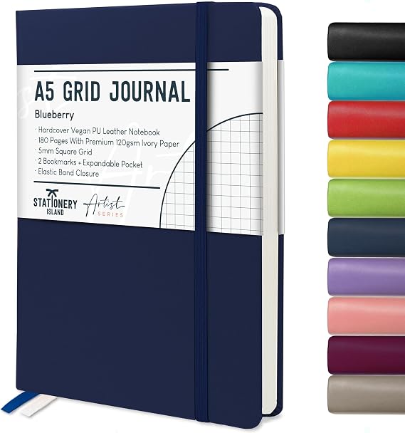 STATIONERY ISLAND A5 Squared Notebook, Graph Paper with 120gsm Premium Thick Paper, 180 Pages Hardback Grid Note book for Planning, Diary, Study, Blueberry