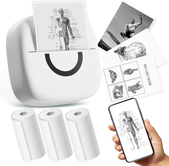 cabaro Mini Printer Sticker Thermal Printer with 3 Rolls Paper, Bluetooth Portable Phone Print Pods,Study Sticker Maker for Pictures, Photos, Journals, DIY, Compatible with Phone & Tablet