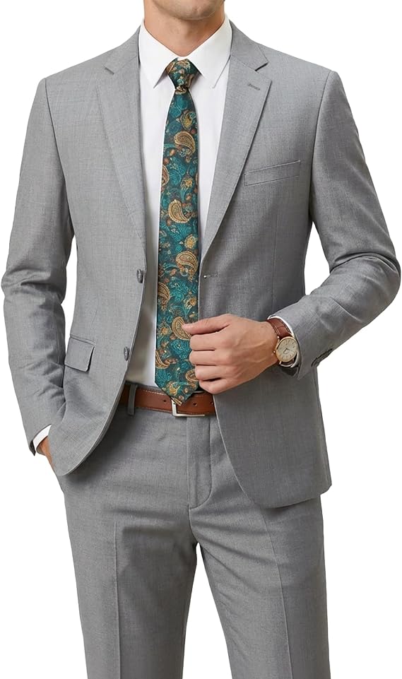YND Men's Wool Suit Set, 2 Piece Slim Fit, Two Button Solid Jacket Pants with Paisley Tie for Business Party Wedding Business