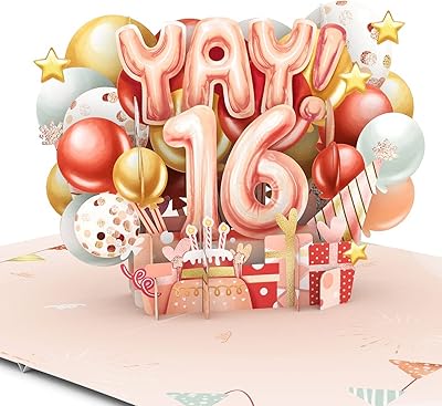 Liif Happy 16th Birthday Card For Girl, Daughter, Granddaughter, Niece, Sweet sixteen, 16 Years Old Birthday Card- Pink, Balloons, Party | With Message Note & Envelop | Size 7 x 5 Inch