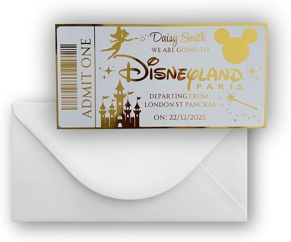 Personalised Disneyland Theme Park Holiday Reveal Ticket - Golden Ticket - Boarding Pass - Card Surprise Gift Foil Luxury Rainbow Gold Silver Birthday Gift