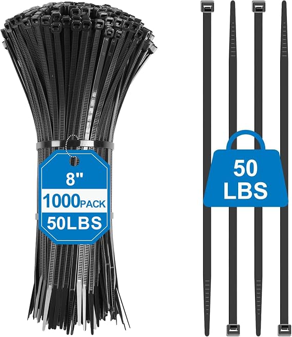 Zip Ties 8 Inch - 1000 Pcs Black Zip Ties 50lbs Tensile Strength | Self-Locking Cable Ties, UV Resistant Flame Retardant, Nylon Zipties for Indoor and Outdoor Cable Management