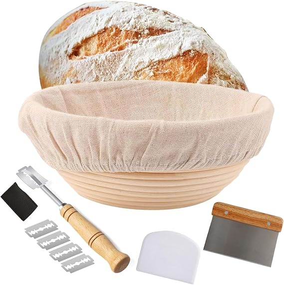 Sourdough Starter Kit Bread Proofing Basket, Round Bread Proofing Basket Set 9"/23cm, Round Banneton with Liner and Breads Making Tools Handmade, Natural Rattan Bread Making Accessories