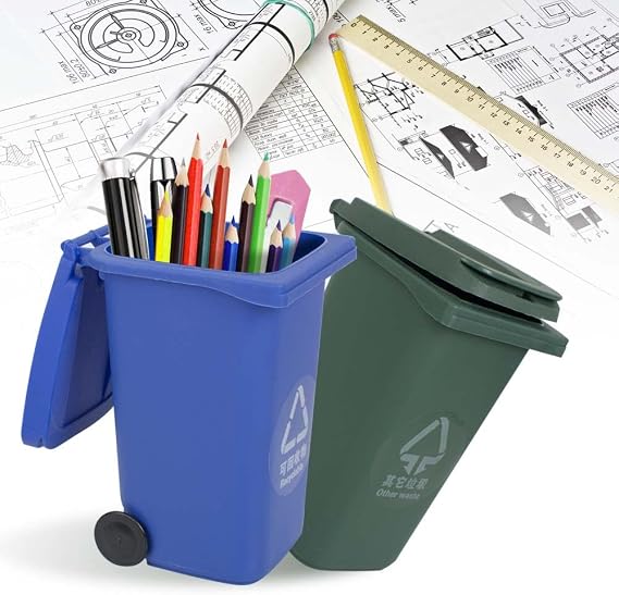 2 pcs Mini Wheelie Bin TRASH & RECYCLE Can Novelty Office Desk Tidy Worktop Tools Desktop Stationery Organiser Storage Box Kids Pen Pot Holder Creative Gift