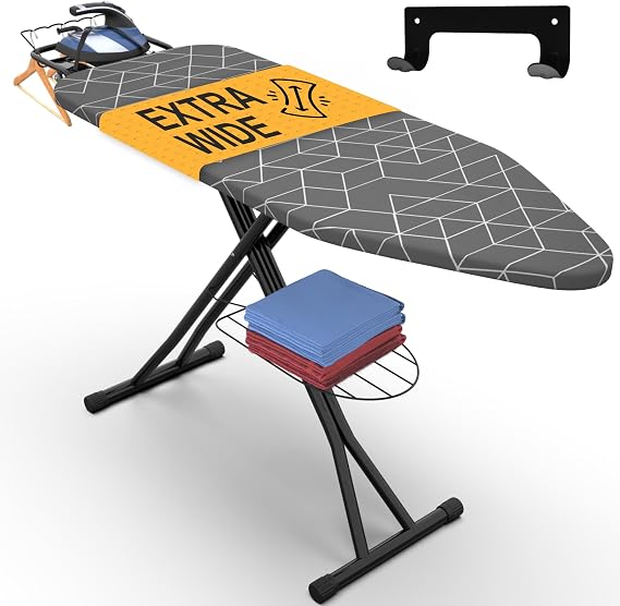 Ironing Board Extra-Wide 57" x 18" Foldable with Wall Hanger | Height adjustable 30" - 36", full-metal frame, scorch & heat-resistant cover, iron rest, anti-slip feet