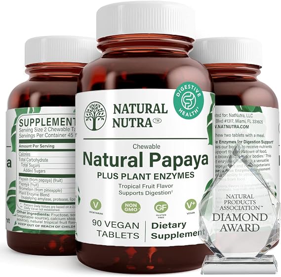 Natural Nutra Papaya Chewable Digestive Enzymes, 90 Vegan Tablets | Papaya Digestive Support, Digestive Enzyme Blend, Papaya & Plant Enzymes
