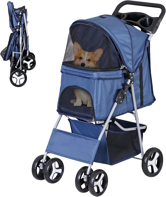 Pet Cart, Dog Buggy, 4 Wheels, Foldable, Pet Stroller, Dog Carrier, Load Capacity 33.1 lbs 15 kg, Multi-Pet, Cats, Puppies, Small Dogs, Medium Dogs, Old Dogs, Nursing Care, Walks, Travel