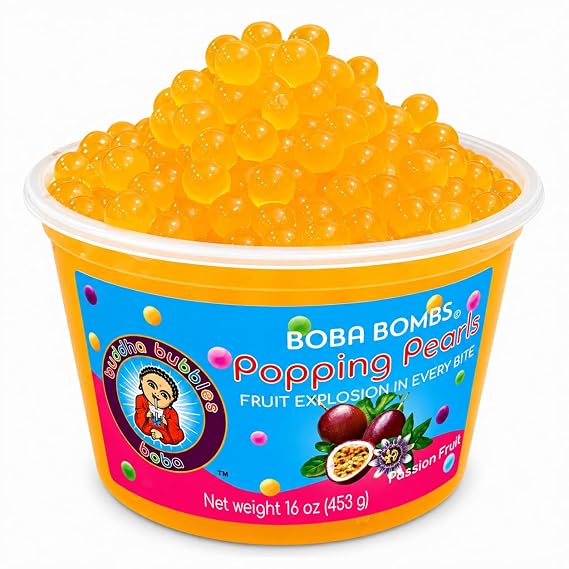 Premium Popping/Bursting Boba Pearls/Boba Bombs/Dessert Topping by Buddha Bubbles Boba (Passion Fruit Popping Pearls)