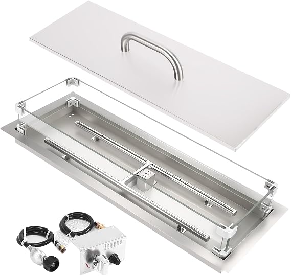 Hisencn 30 x10 Inch Drop-in Fire Pit Kit with Glass Wind Guard and Lid