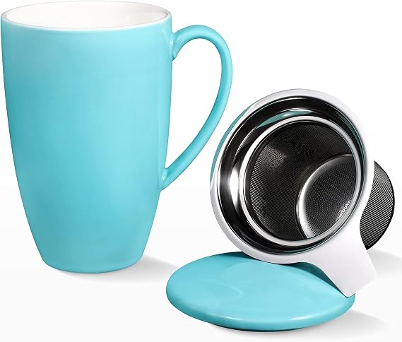 Tea Cup with Lid, 500ml 16oz Ceramic Tea Mug with Infuser, Tea Cup with Stainless Steel Filter, Tea Cup with Infuser, Tea Mugs with Infuser and Lid, Tea Gifts for Tea Lovers, Tea Infuser Mug green