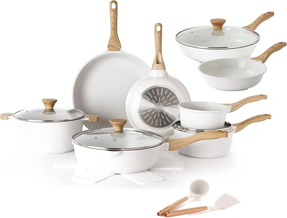 SENSARTE Ceramic Nonstick Cookware Set 18 Piece, includes Nonstick Frying Pan Skillets(8+11 Inch with Lid)