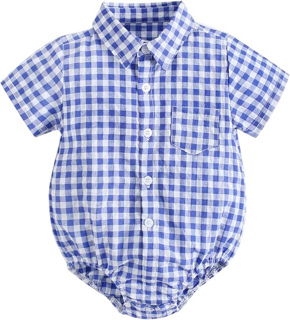 Baby Plaid Romper Short Sleeve Lapel Newborn Boys Button Down Onesie Pockets Shirt Jumpsuit Casual Soft