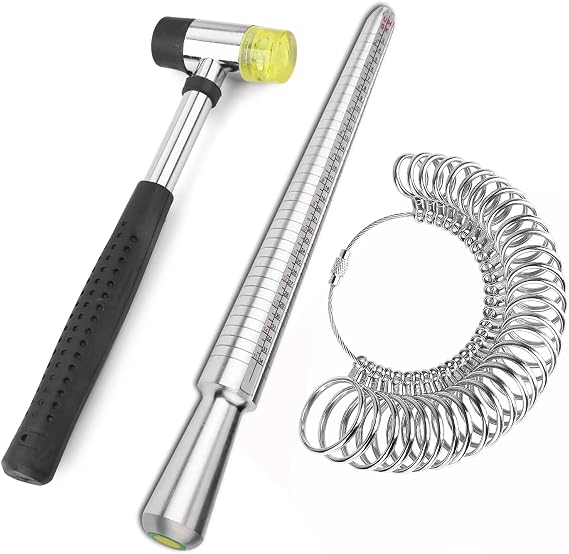 Accmor Ring Sizer Measuring Tool Including Ring Mandrel, Ring Gauge Finger Sizer & Rubber Jewelry Hammer, Metal Ring Measurement Maker Kit Ring Sizing Stick for Man Women Jewelry Making