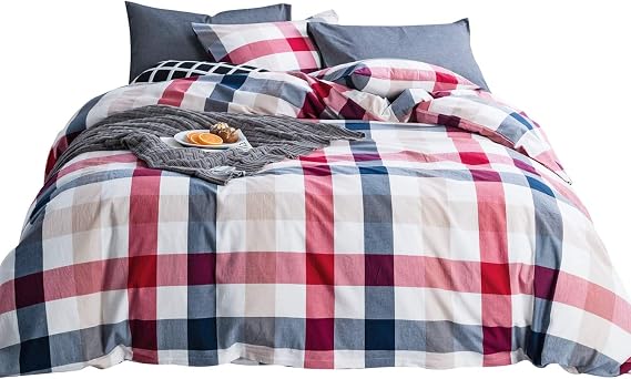 SUSYBAO 100% Natural Washed Cotton 3 Pieces Duvet Cover Set 1 Duvet Cover 2 Pillow Shams Luxury Quality Soft Comfortable Breathable Checkered Plaid Pattern with Zipper Ties