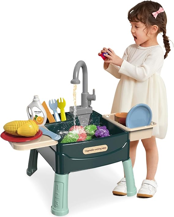 Play Sink with Running Water for Kids 3+, 23PCS/Set Safe Plastic Toy Sink with Fruit Vegetable Cutting and Working Tap, Reusable Water Play Toys for Boys Girls Toy