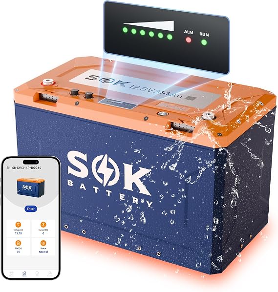 SOK 12V 314Ah LiFePO4 Battery IP67 & Self-Heating, Flame-Retardant ABS | Waterproof Flame-Retardant Case, Self-Heating to -4F, CANBus & Bluetooth 5.1 Dual Monitoring, 15000 Cycles for Marine RV