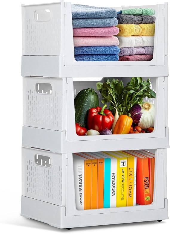 Skywin Foldable Stackable Storage Bins with Wheels, 3 Pack - Ivory | Sturdy Plastic, Easy Stacking, Open Front Access,Shelves Drawer Organizer for Closet Office Bedroom Kitchen Bathroom
