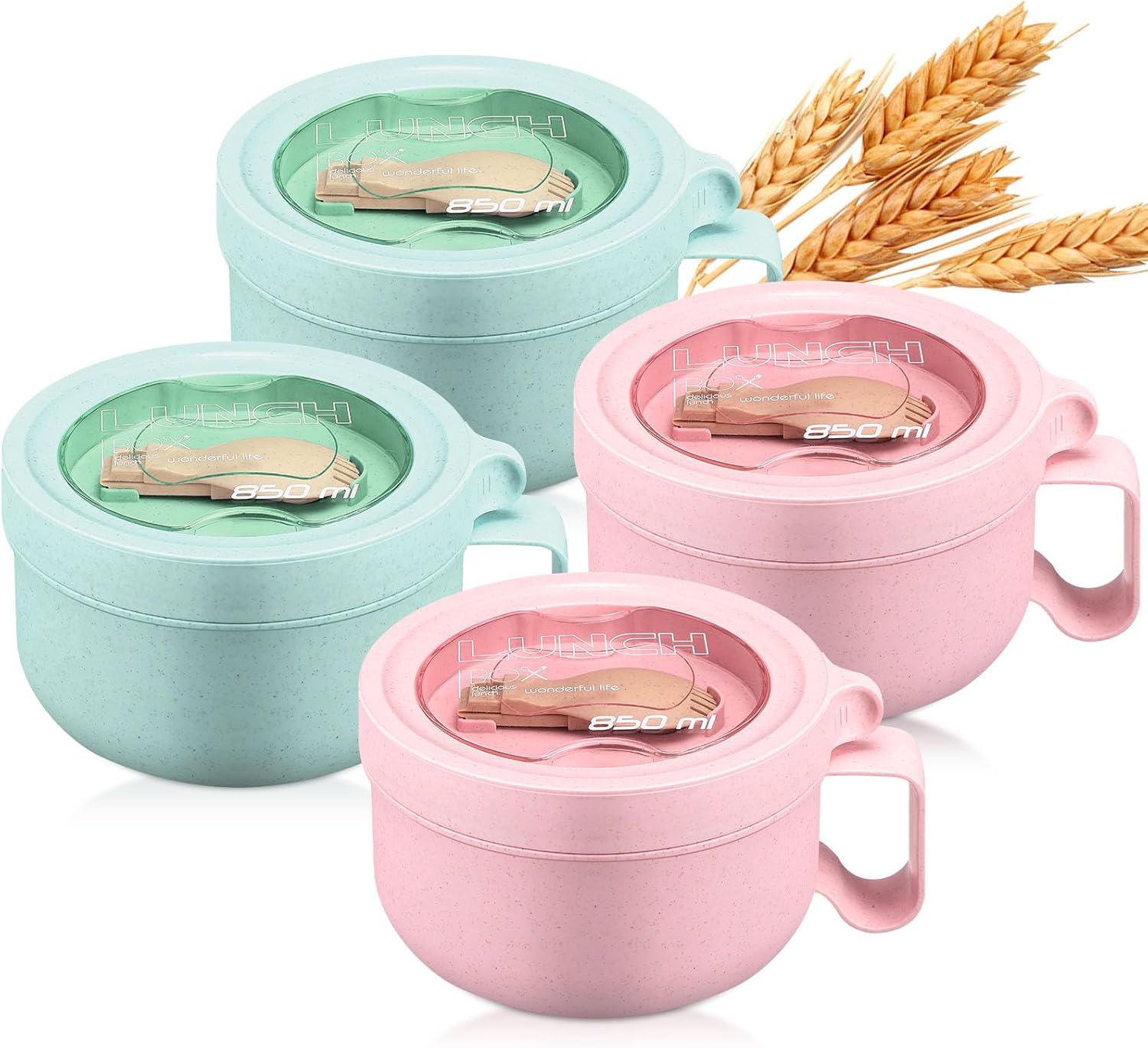 Maxdot 4 Pcs Microwave Ramen Bowl Microwavable Instant Soup Cups with Lids Large Soup Bowls with Handles Dishwasher Safe Mug for Cereal Food ContainerPink, Green