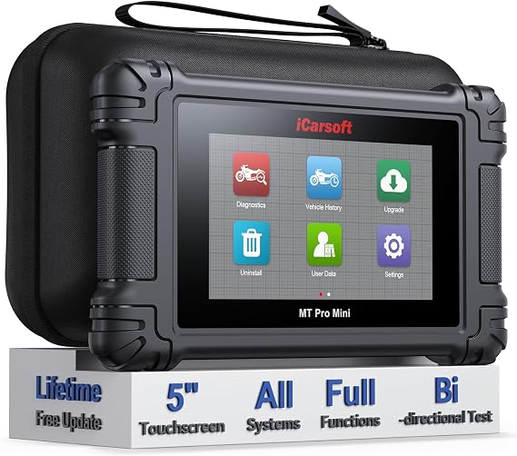 iCarsoft Motorcycle Full System Diagnostic Tool for 21 Brand MT Pro Mini All Service Touchscreen Code Reader with Actuation Test AutoVIN Battery Test Free Update Motorbike and Car 2-in-1 OBD2 Scanner