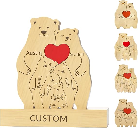 Personalised Wooden Bear Family Puzzle with 2-6 Names,Custom Jigsaw Family Keepsake Decor for Desk/Shelf, for Housewarming,Christmas,Birthday,Mother's Day