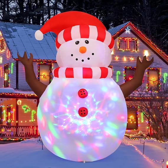GOOSH 5 FT Christmas Snowman Inflatables with 360 Rotating Magic Light Outdoor Yard Decorations, Christmas Blow Up Snowman with Santa Hat for Garden Patio Lawn Home Holiday Xmas Party