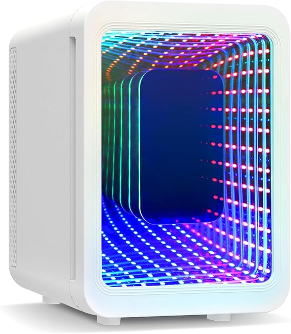 4 Liter Mini Fridge with RGB LED Mirror, AC/DC Skincare Fridge | 6-Can Portable Cooler & Warmer, Beauty Refrigerator for Drinks, Cosmetics & Makeup, Small Desk Fridge for Bedroom, Car, White [Energy Class C]