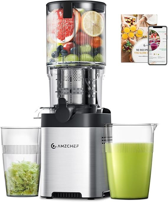 Cold press Juicer Machines with 5.2" Extra Self-Feeding for Whole Vegetable & Fruit, Juice Extractor with Large Auger & Triple Strainers, Easy to Clean, High Juice Yield, Stainless Steel Silver