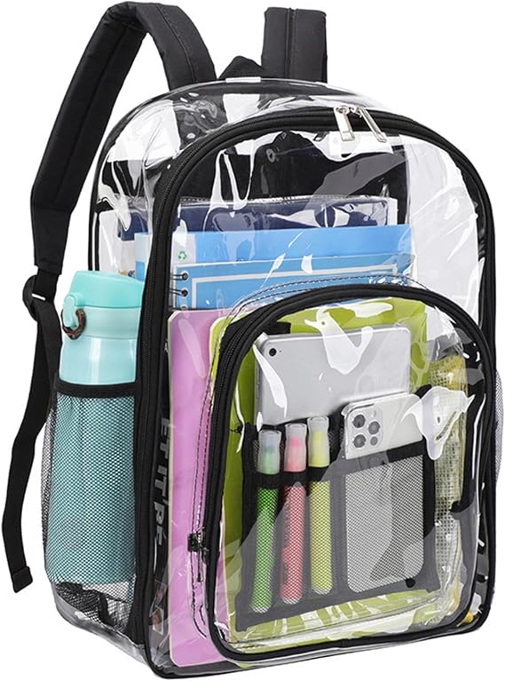 Clear Backpack Transparent See Through Bag Waterproof Bookbag PVC School Bag with Adjustable Straps for Men Women College Football Game Conventions Concerts Gym Picnic (42 x 33 x 15cm, Black)