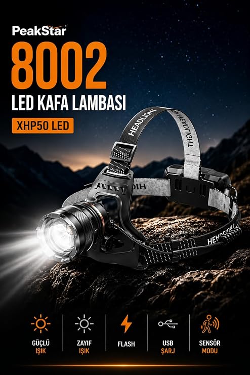 PeakStar Ps-8002 Sensörlü Zoomlu Profesyonel 3000 Lümen Xhp50 Led Usb'li Şarjlı Kafa Lambası [Enerji Sınıfı A+++]
