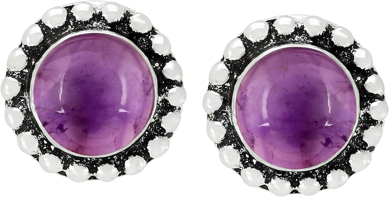 Natural Round Gemstone 925 Silver Plated Stud Earrings For Women