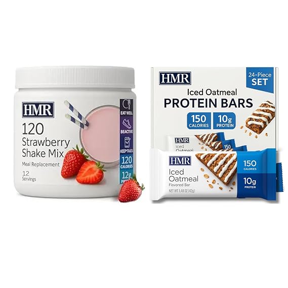 HMR 120 Strawberry Shake Meal Replacement Powder (12 Servings) With Iced Oatmeal Protein Bar (24 Count)