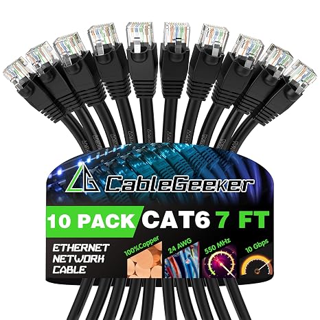 Cat 6 Ethernet Cable 7 ft (10-Pack) - Cat6 Patch Cables, Snagless RJ45, Cat 5e Cat 6 Patch Cable, Cat 6 Cable, 7 Foot Cat6 Ethernet Cables, Network Cable, Internet Cable - 7 Feet Black