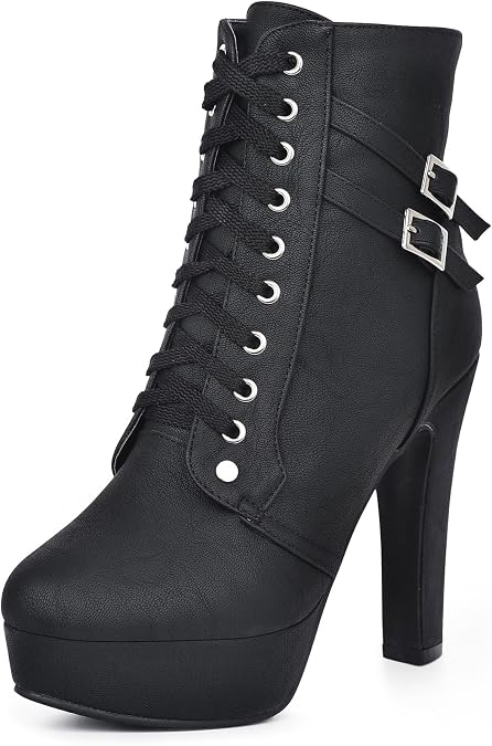 Susanny High Heel Boots for Women,Womens Platform Boot Heels Sexy Round Toe Lace UP High Heels Mid Calf Boots