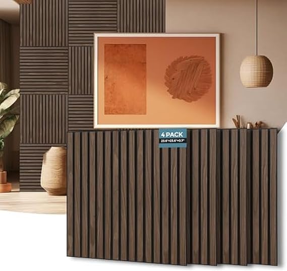 AKUMAX 4 Pack Extra Thick Contemporary Acoustic Wood Slat Wall Panels-Ceiling and Sound Absorbing-Fire Retardant & FSC-3D Slat Wall Panelling for Wall-60 * 60cm(Black Walnut)