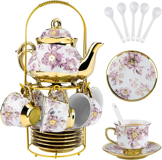 20 Pcs Porcelain Tea Set with Metal Holder,European Ceramic Tea Set