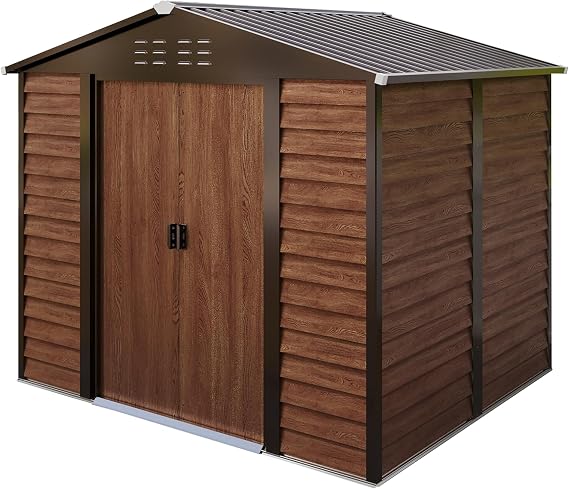 BIRCHTREE 8X6ft Galvanized Metal Garden Shed With Foundation Outdoor Storage Box Tool House Bike Shed Waterproof Apex Roof Lockable Sliding Doors for Backyard, Patio, Garbage Bin, Log