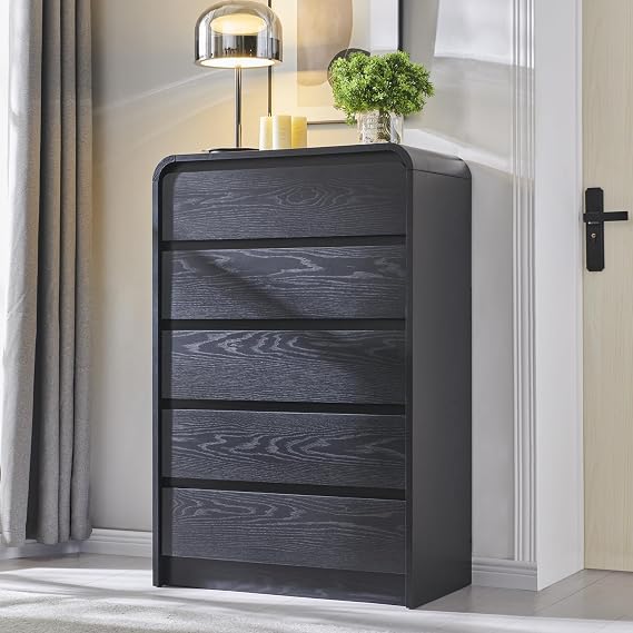 Aitjunz Modern 5 Drawers Dresser for Bedroom, 45" Tall Curved Dresser,Black