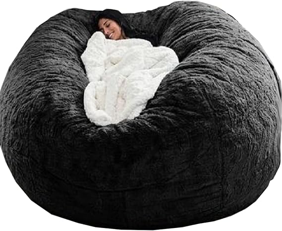 Bean Bag Chair Cover for Kids Adults, (Cover Only, No Filler) Living Room Furniture Oversized Round Soft Fluffy PV Velvet Bean Bag Lazy Sofa Bed Cover (Black, 5FT)