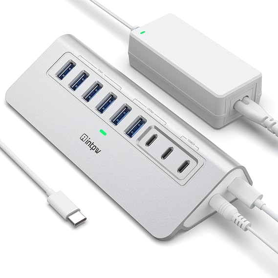 Powered USB Hub 10Gbps, intpw 9-Port USB 3.2 Hub, USB C Hub with USB A/USB C 3.2, 4 USB 3.0, 2 PD 45W Charging Ports, 65W Power Adapter and 3.3FT Cable, Aluminum USB Hub for PC,Laptop,iPhone 17/16/15
