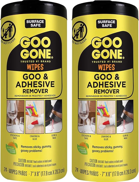Goo Gone Adhesive Remover Wipes Removes Stickers, Residue, Grease, Grime, Crayon, Sap, Sticky or Gooey Messes, Pre-Moistened Wipes, 2 Pack, 48 Count