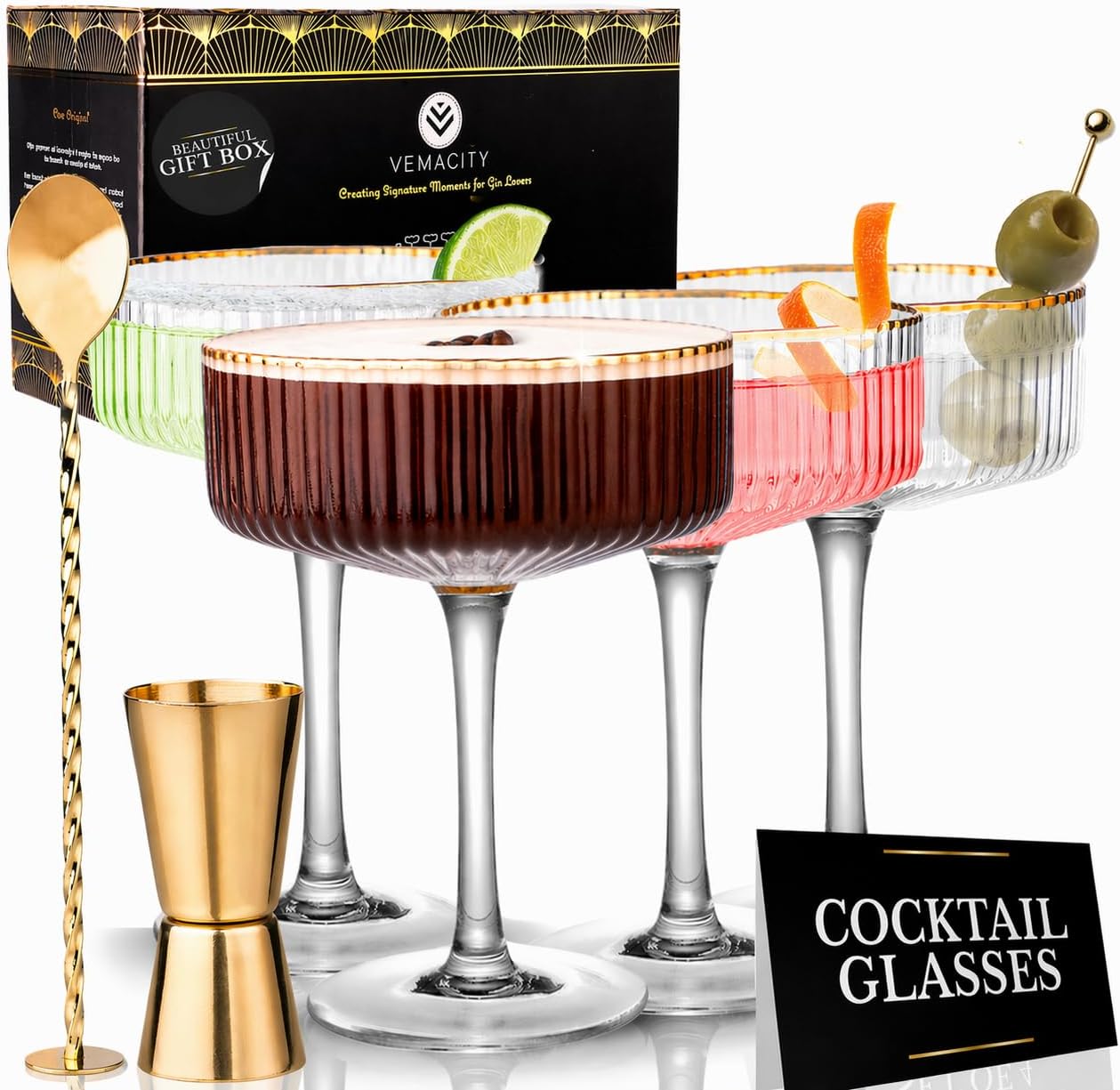 Vemacity Ribbed Espresso Martini Glasses | Gold Rims, Spoon & Jigger | 300ml Cocktail Glasses | Champagne Coupe Glass | Coupe Glasses Set of 4 | Large Cocktail Glass | Espresso Martini Gift Set
