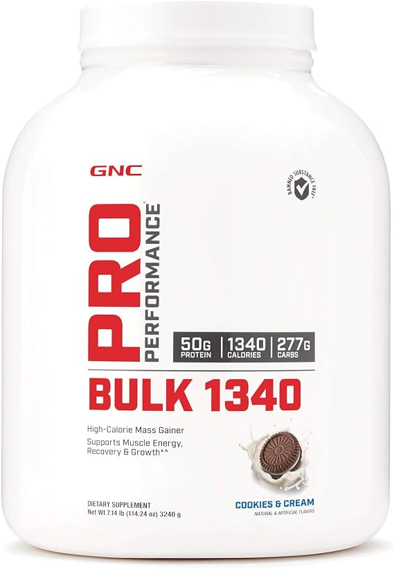 GNC Pro Performance Bulk 1340 Mass Gainer Protein Powder, 50g of Protein, Gluten Free, Whey, Creatine, BCAA, 3rd Party Tested, Muscle Recovery & Growth, Micronutrients, Cookies and Cream, 9 Servings