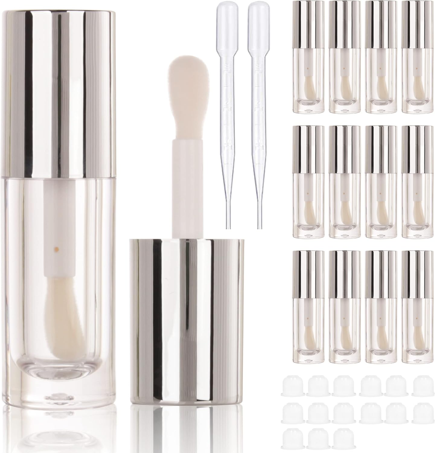 COSIDEA 14pcs Empty 6ml big doe foot wand Chunky lip gloss tubes for DIY lipgloss,Pink round lipgloss containers tubes with thick wand, Silver